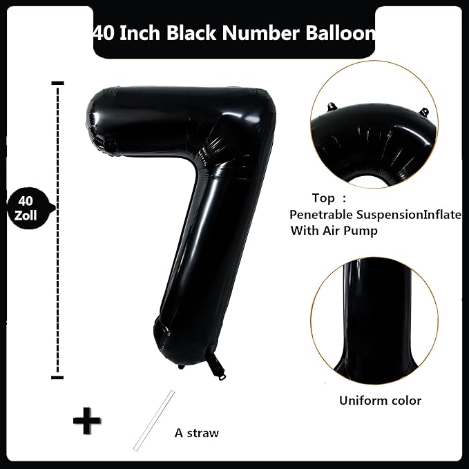 40 inch Black 7 Number Balloon Giant Foil Helium Balloons Black Large Digital Balloon 7 Number 7 Balloons for 7th Birthday Party Decorations Anniversary Events Decoration Supplies