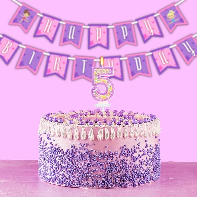 Birthday Candles - Number 5 Candle, Colorful Macaron Candles for Boys/Girls, Purple Birthday Decorations, Purple Cake Decorations