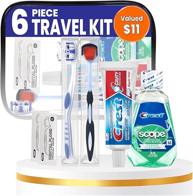 Trektote Travel Toothbrush and Toothpaste Set - Dental Care Kit, TSA Compliant, Includes Toothpaste, Toothbrush, Mouthwash, Tongue Cleaner, Flosses and Premium Toiletry Bag