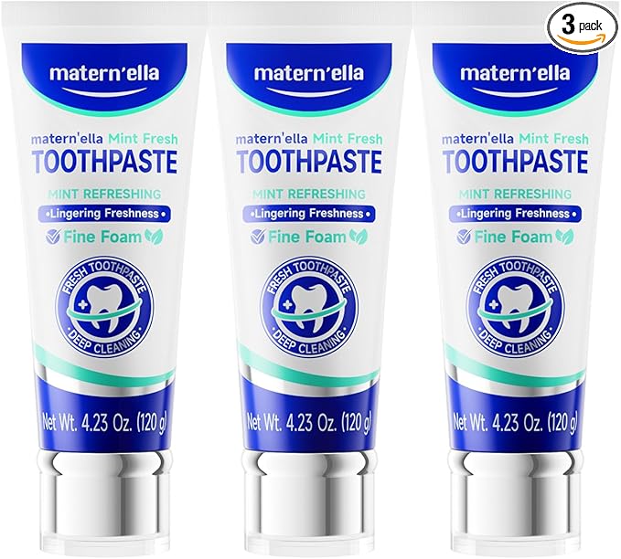 matern'ella Toothpaste for Sensitive Gums, Fluoride & SLS Free, Removing Stains Hydrated Silica, with Probiotics & Xylitol Mint Fresh 4.23 oz Pack of 3