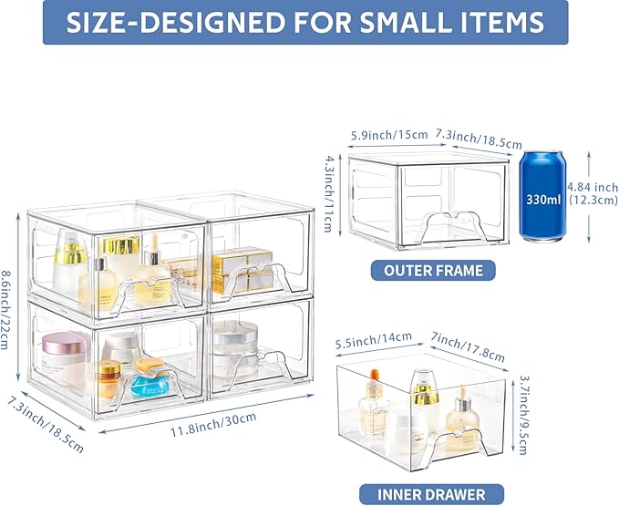 Plastic Drawers Storage, 4 Pack Clear Stackable Storage Drawers, Acrylic Storage Bins with Drawers for Fridge Organizers, Small PlasticDrawers Stackable for Makeup Organizers Cosmetic Display