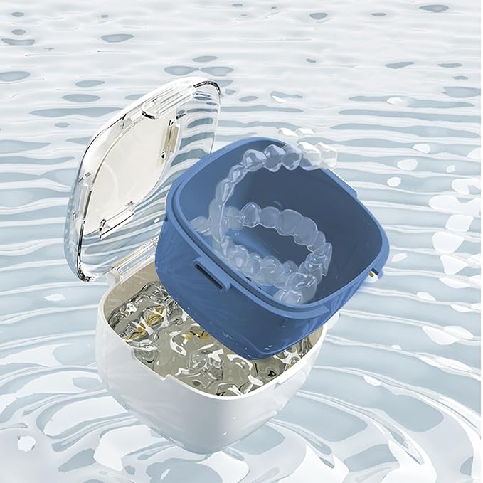 Retainer Holder Case - Denture Cleaning Cup For Mouth Guard | ABS PP Material With Strainer Basket Function, Portable Container Feature, For Dentures, Jewelry, Travel, Bathroom