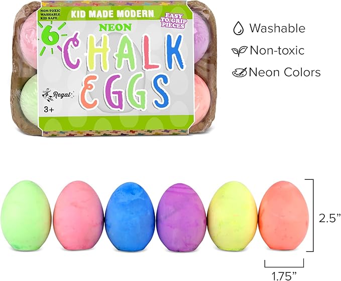 Kid Made Modern Sidewalk Chalk Set for Kids - Washable, Neon Colored Egg Chalk for Outdoor Play and Chalkboard Art - Ages 3+ (6 Pieces, Multicolor)