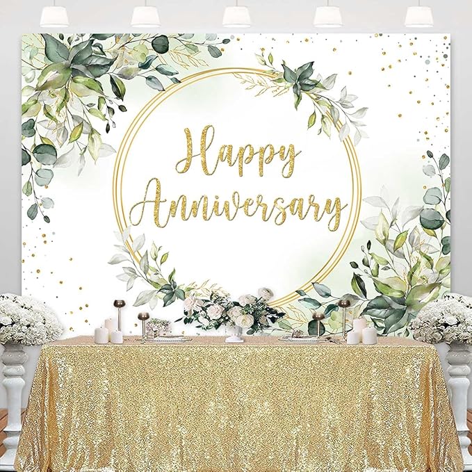Sensfun 7x5ft Happy Anniversary Backdrop Sage Green Eucalyptus Wedding Anniversary Party Decorations Greenery Marriage Memorial Day Cheers to 10 Years 25th 40th 50th Wedding Day Banner
