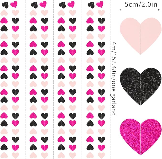 Hot-Pink Black Birthday Party-Decorations Streamers - 62FT Baby Girls Hanging Heart Garland Banner,Valentines Wedding Baby Bridal Shower Bachelorette Graduation Backdrop Decor Hugtmr