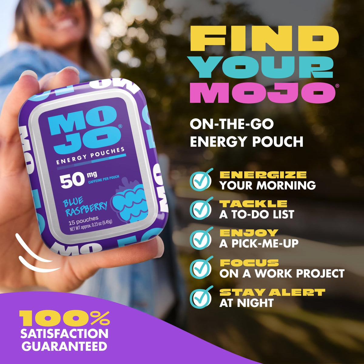 MOJO Energy 50mg Caffeine Pouches, Peach Watermelon, 15 Pouches, 5-Pack