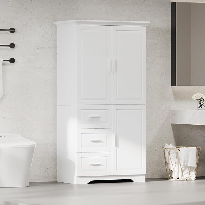 Merax Storage Cabinet with Three Drawers and Doors, Wide Pantry Cupboard for Kitchen, Living Room and Bathroom, Adjustable Shelf, White