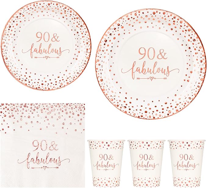 Crisky Rose Gold Foil 90 Fabulous Napkins, Cups Set for Women's 90th Birthday Party Decorations, Disposable Tableware Set of 24 (9" Plates, 7" Plates, Luncheon Napkins, 9oz Cups)