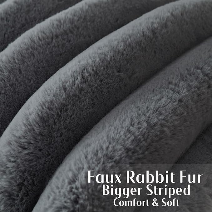FUTEI Dark Grey Decorative Throw Pillow Covers 18x18 Inch Set of 2, Square Soft Faux Rabbit Fur Big Striped Cushion Cover,Home Decor for Couch Sofa Bed Living Room