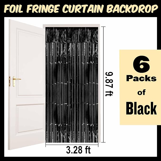 6 Pack Black Foil Fringe Curtains Backdrop, 3.28 x 9.8 Ft Metallic Streamers Tinsel Curtains Background for Photo Booth, Birthday, Halloween, Christmas, Thanksgiving, New Year Party Decorations