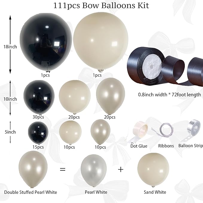 Black and White Champagne Bow Balloon Arch Kit Double-stuffed Pearl Beige Cream Balloons for 2025 Graduation, Prom, Martini Birthday,Bridal Shower, Wedding,Coquette Bride Party Decorations