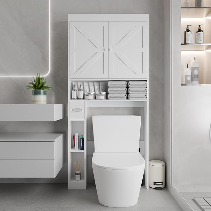 Over-The-Toilet Storage Cabinet with 2 Doors，Home Space-Saving Toilet Rack, Farmhouse Style for Bathroom, Restroom, Laundry
