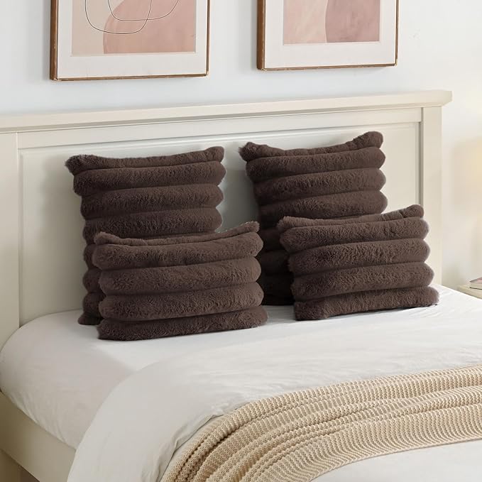 FUTEI Dark Coffee Decorative Throw Pillow Covers 12x20 Inch Set of 2, Square Soft Faux Rabbit Fur Big Striped Cushion Cover,Home Decor for Couch Sofa Bed Living Room