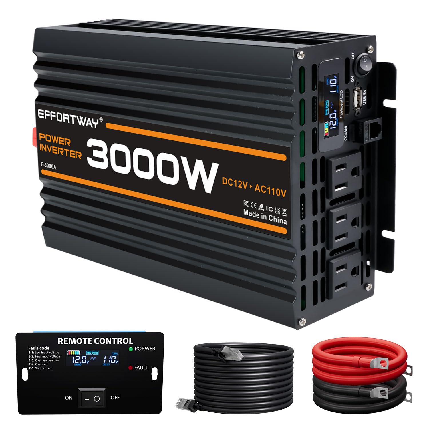EFFORTWAY 3000W Power Inverter, 12V DC to 110V/120V Modified Sine Wave Inverter with 3 AC Outlets, USB Port, Wired Remote Contro