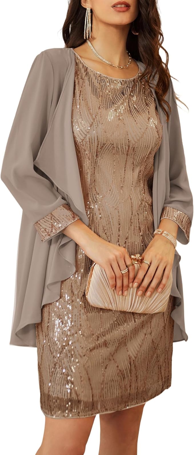 GRACE KARIN Women's Sequin Dress - Wedding Guest & Mother of The Bride Formal Dress - Two Piece Knee Length