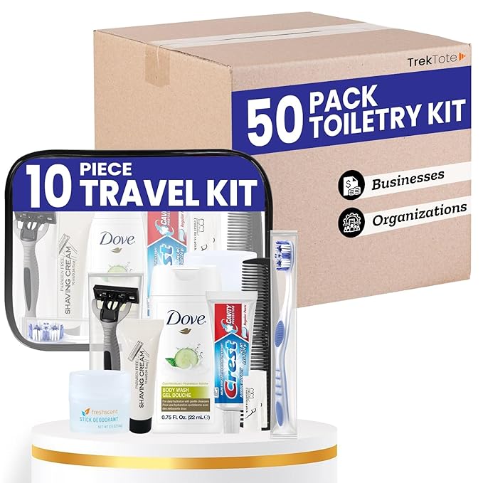 Trektote Bulk Hygiene Kit For Men And Women – (50 Pack) 10 Piece Set Of Travel Size Toiletries, TSA Compliant, Bulk Travel Essentials, Includes Shampoo And Conditioner, Body Wash, Toiletry Bag & More