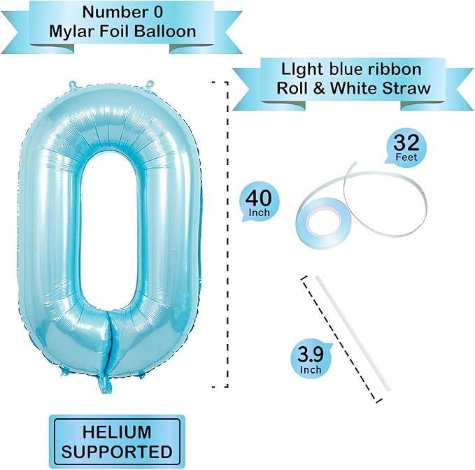 40 Inch light blue Number Balloons, Helium Mylar Foil Number Balloons for Birthdays, Number 0 Balloon for Party Decorations, Birthday Decorations, Boy Baby Shower