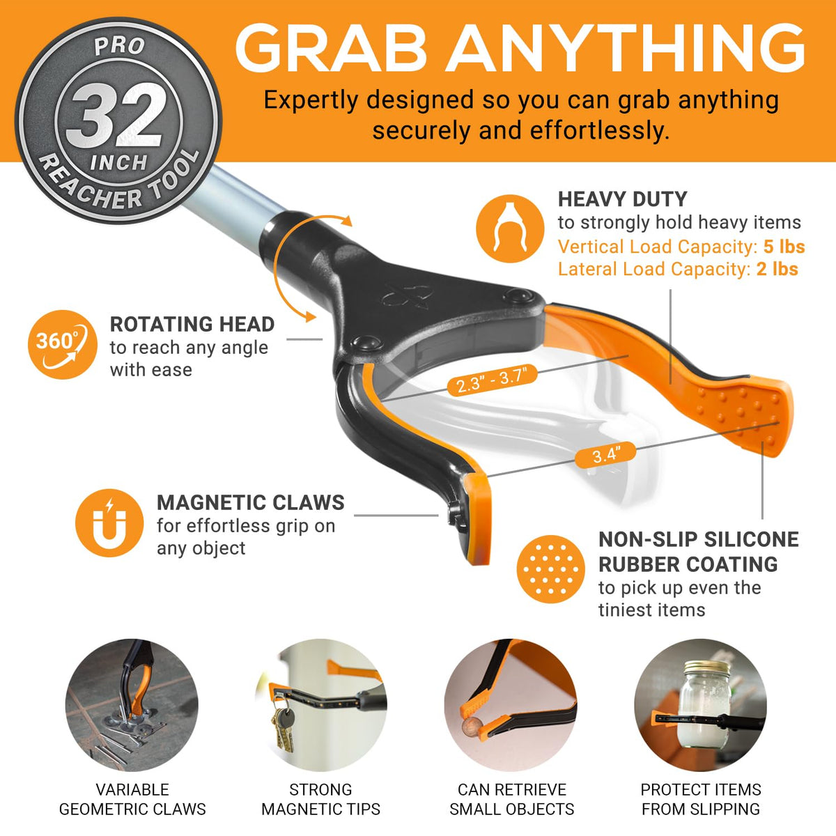EZPIK® Grip Aid Tool Grabber Reacher + Magnets - Grabbers for Seniors, Trash Picker Upper Grabber - Trash Grabber Tool- Reacher Grabber Pickup Tool (Silver, 32″ (Pack of 2))
