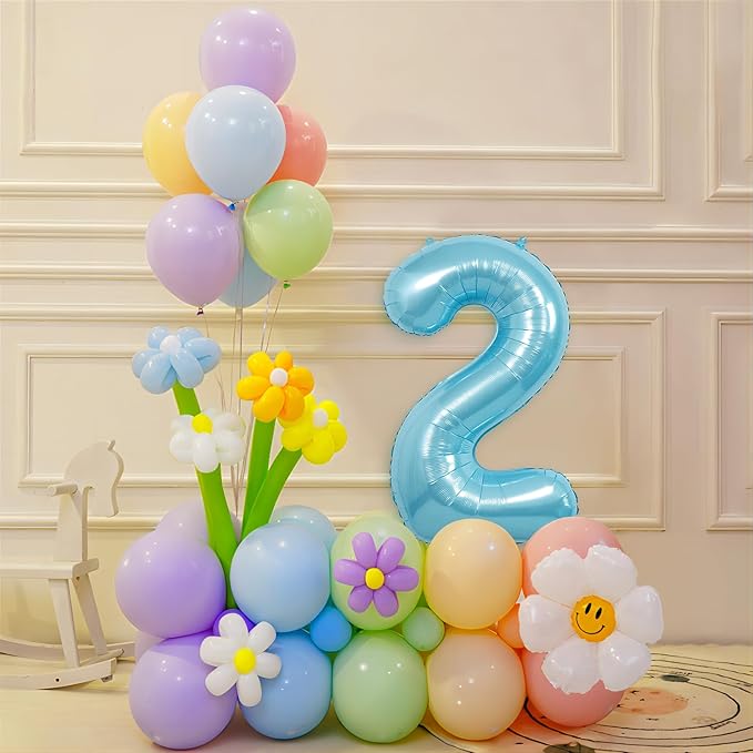 Blue Light Number Balloon, 40 Inch, Party Decorations for Birthdays, Boy Baby Shower, Wedding, Unisex, Includes 1 Balloon, 1 Roll String, 1 Straw