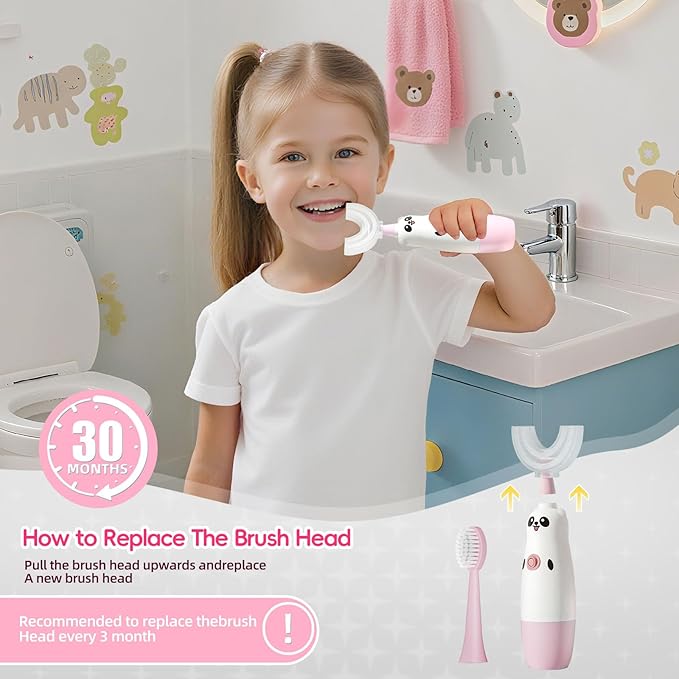 Kids U-Shaped Electric Toothbrush with 2 Brush Heads, Toddlers Sonic with 360 Degree Cleaning, Soft Bristles, Battery Included, IPX7 Waterproof, Cute cartoon for Girls and Boys, Ages 2-7 (Pink)