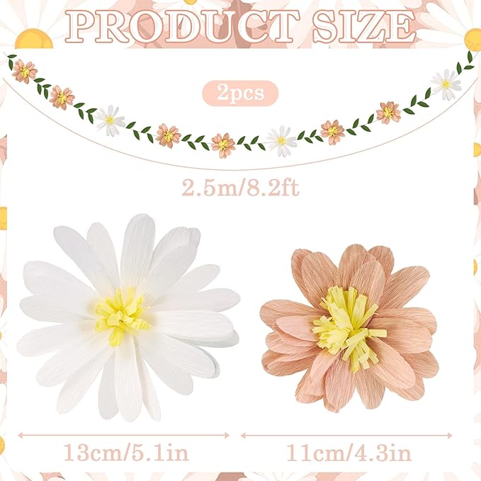 2PCS Paper Flower Garland, Paper Leaves Banner Vine Flowers with Green Leaves Crepe Floral Garland Decorations for Wall Anniversary Wedding Birthday Arch Decor (8.2ft)