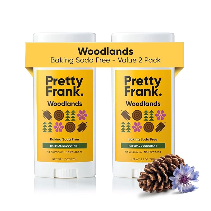 Pretty Frank Natural Aluminum-Free Deodorant Stick, Baking Soda-Free, Woodlands (2-Pack) | Sensitive Skin Friendly, Effective Odor Control for Women & Men, Organic Ingredients and Essential Oils