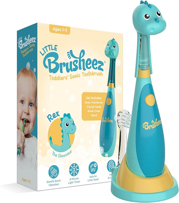 Brusheez Little Toddlers’ Sonic Toothbrush - Safe & Gentle Toothbrush for Ages 1-3 with Built-in, Light-Up 2-Minute Timer, Extra Brush Head, & Storage Base for First-Time Brushers (Rex The Dinosaur)