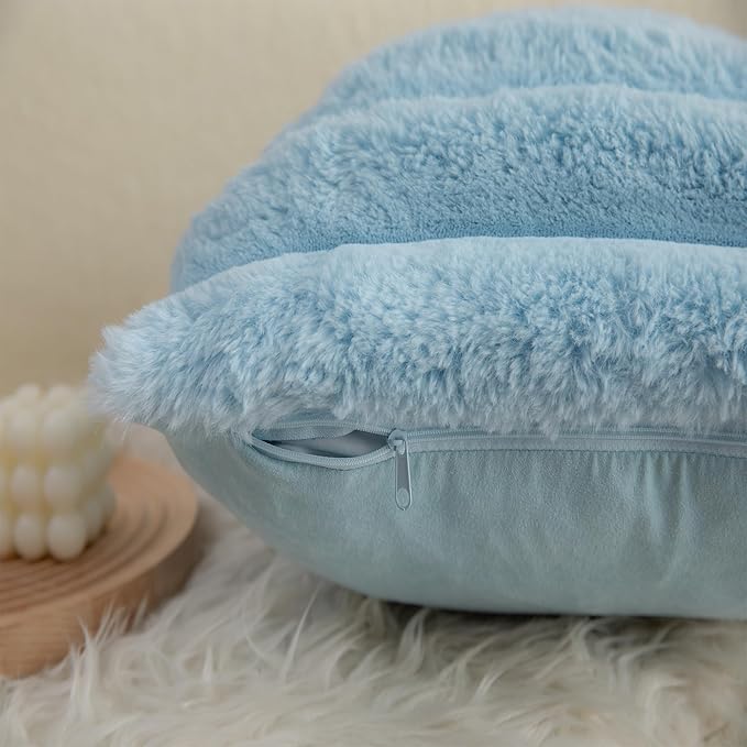 Neelvin Blue Faux Fur Cozy Soft Striped Decorative Throw Pillow Covers 16x16 inch Set of 2,Velvet Pillowcase Cushion Case for Sofa Couch