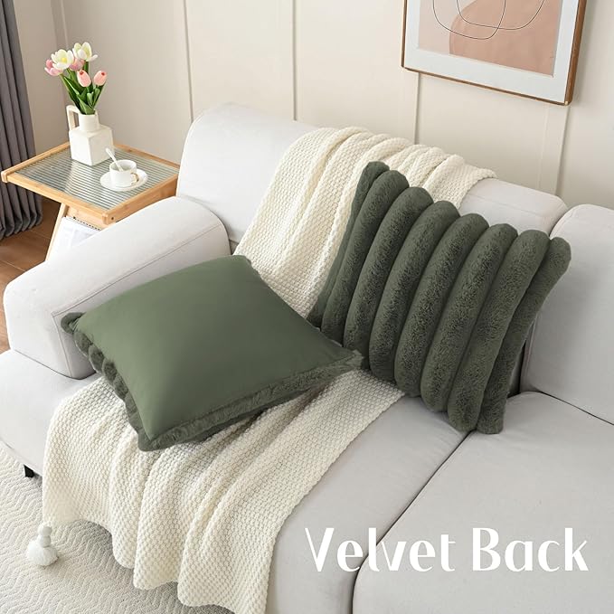 FUTEI Olive Green Decorative Throw Pillow Covers 26x26 Inch Set of 2, Square Soft Faux Rabbit Fur Big Striped Pillow Sham,Home Decor for Couch Sofa Bed Living Room