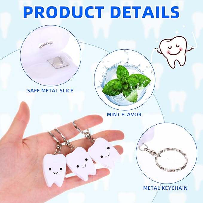 Landical 48 Pcs Mini Dental Floss Keychain Bulk Tooth Shaped Portable Teeth Floss Cleaning for Homeless Party Favors Travel Donated Gifts Teeth Cleaning Oral Care Mint Flavor 15 M /16. 4 Yard