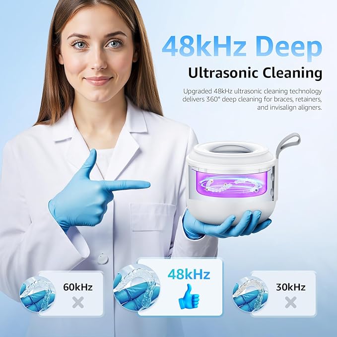 Ultrasonic Retainer Cleaner Machine: 48kHz Rechargeable Cordless Denture Cleaner - Waterproof Ultrasonic Jewelry Cleaner - 200ML Dental Cleaning Pod for Mouth Guard, Aligner, White