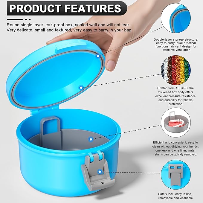 Denture Bath Case, Leak Proof Denture Cup for Travel, False Teeth Container for Soaking Dentures & Retainer, Retainer Cleaner Case, Sky Blue + Silver Gray.