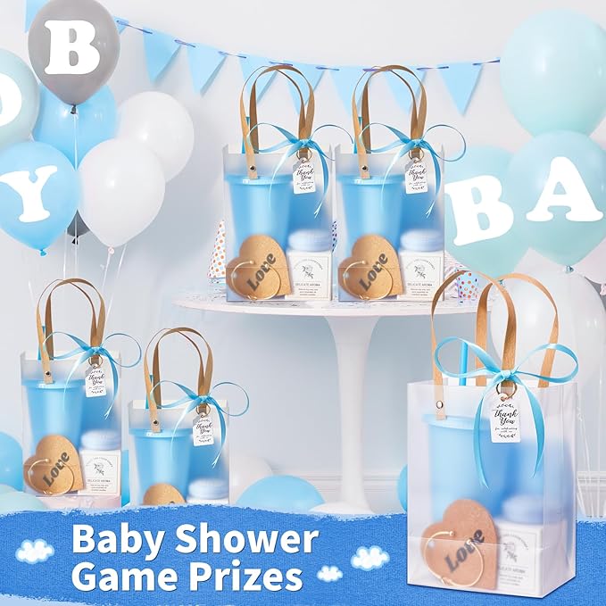 56Pcs Baby Shower Prizes for Game Winners Baby Shower Favors Gifts including Plastic Tumbler Notebook Scented Candles Ballpoint Pen Mirrors with Hair Brushes Bracelet Gift Bag (Blue)