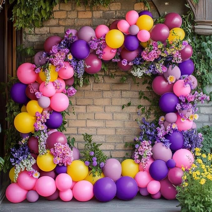 Pink Yellow Balloon Arch - Double Stuffed Hot Pink Purple Balloons Different Size Latex Magenta Balloon Garland for Happy Birthday Baby Shower Wedding Fall Mexican Party Decorations