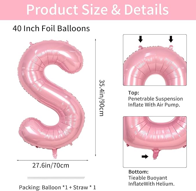 40 Inch Letter S Balloon, Large Baby Pink Letter Balloons, Single Foil Alphabet S Balloon, Big Pearl Pink Name Balloon Helium for Girls Women Birthday Party Baby Shower Anniversary Decoration