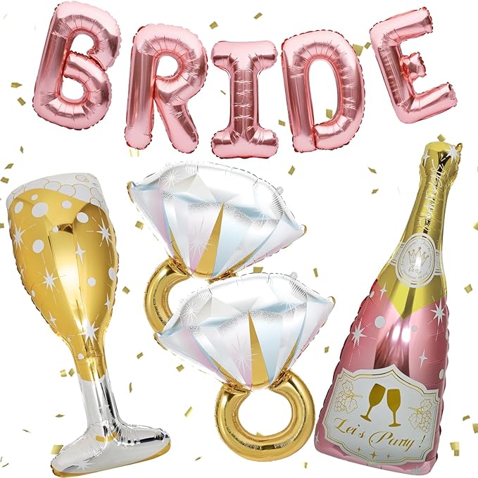 9 Pcs Bride Balloons, Huge Rose Gold Champagne Bottle Goblet Aluminum Foil Balloons for Birthday, Bachelorette, Bridal Shower, Wedding, Anniversary, Engagement Party Decorations Supplies