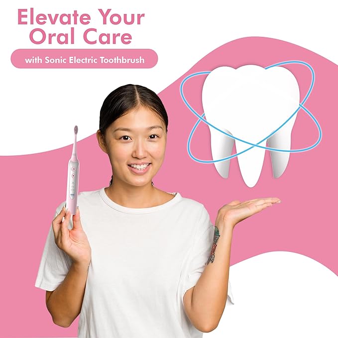 Sonic Electric Toothbrush for Adults with 5 Toothbrush Replacement Heads, 3 Brushing Modes & 2 Minutes Built-in Timer, Travel Toothbrushes with Inductive Charging, Rechargeable toothbrush | Pink