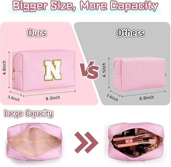 TOPEAST Dorm Room Essentials for Girls - Pink Initial Makeup Bag, College Essentials PU Leather Bag | Travel Car Essentials | Cute Stuff Birthday Gift for Friends Sister (Pink T)