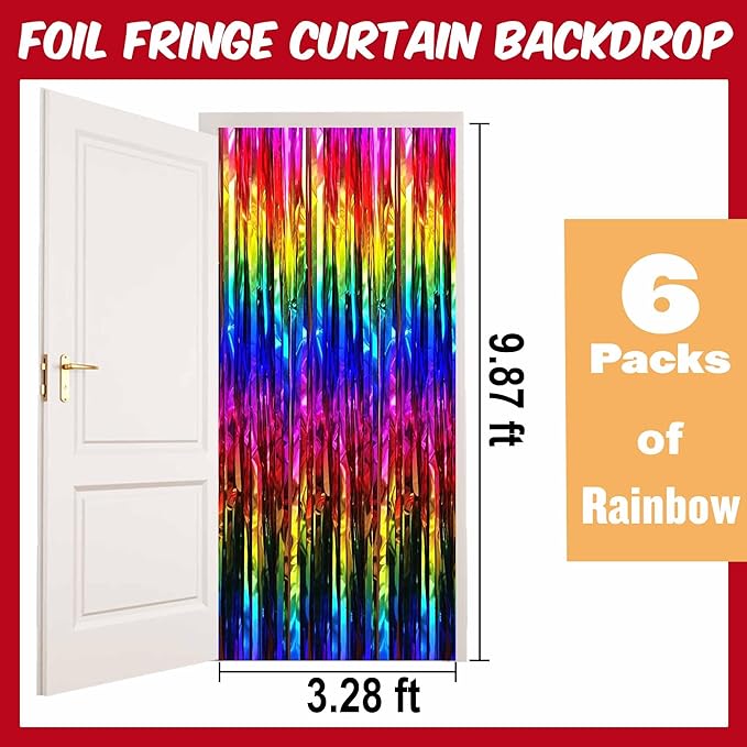 6 Pack Rainbow Foil Fringe Curtains Backdrop, 3.28 x 9.8 Ft Metallic Streamers Tinsel Curtains Background for Photo Booth, Birthday, Halloween, Christmas, Thanksgiving, New Year Party Decorations