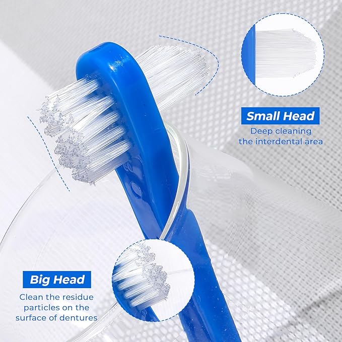 6 Pack Denture Brush, Portable Dual Headed Firm Hard Denture Toothbrush for Bristle, Toothbrush for Dentures, Clear Braces and Mouth Guards (Blue Red White)