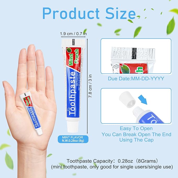 HOIQIRY 0.28 oz Small Travel Size Toothpast Bulk - Pack of 200,Disposable Mint Flavor 0.8x3.14 inches Single Use Mini Toothpaste for Hotel,Camping,Homeless,Charity,Guests,Office,Vacation