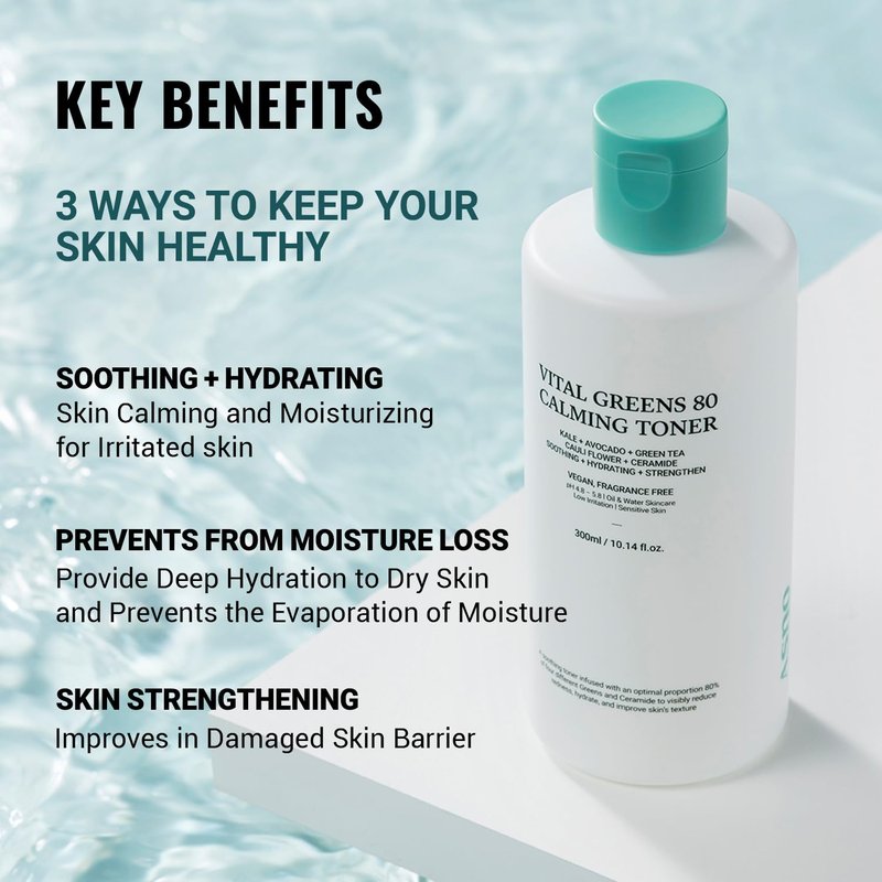 ASNO Vital Greens Calming Toner 300ml - Genderless Vegan Soothing Care for Acne, Pimple, Redness, Sensitive Skin, Superfood 80% + Ceramide, Hydrating Daily Facial Toner, Korean Skin Care