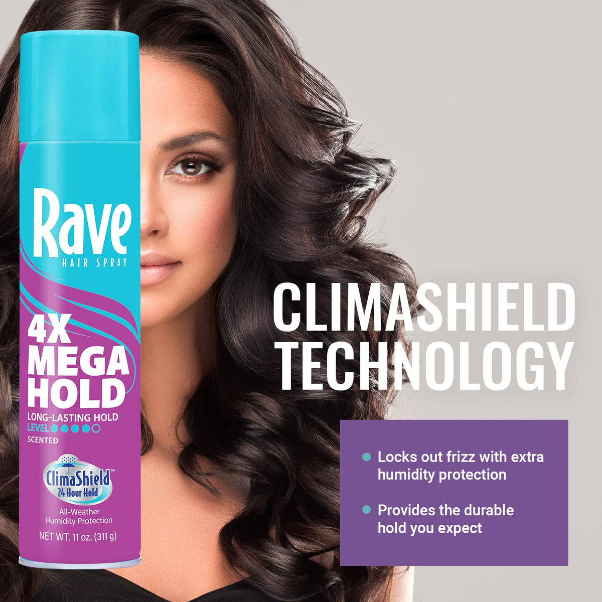 Rave 4X Mega Long-Lasting Firm Hold Scented Hair Spray for Heat Protection, Volume and Shine - ClimaShield for Extra Humidity & Minimizes Frizz