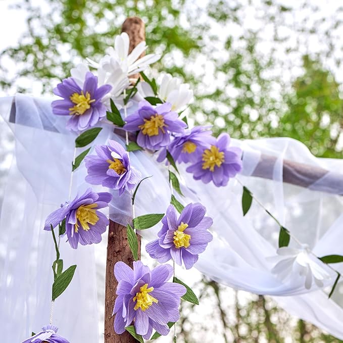 2PCS Paper Flower Garland, Paper Leaves Banner Vine Flowers with Green Leaves Crepe Flower Garland Decorations for Wall Anniversary Wedding Birthday Arch Decor-Purple