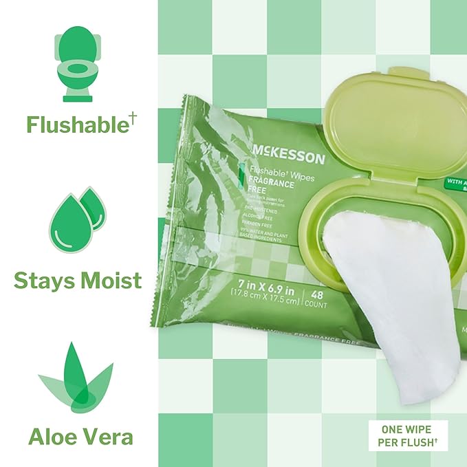 McKesson Flushable* Adult Wet Wipes – 288 Wipes (6 Pack of 48) – Aloe & Vitamin E, Plant-Based Cleansing Wipes, Unscented