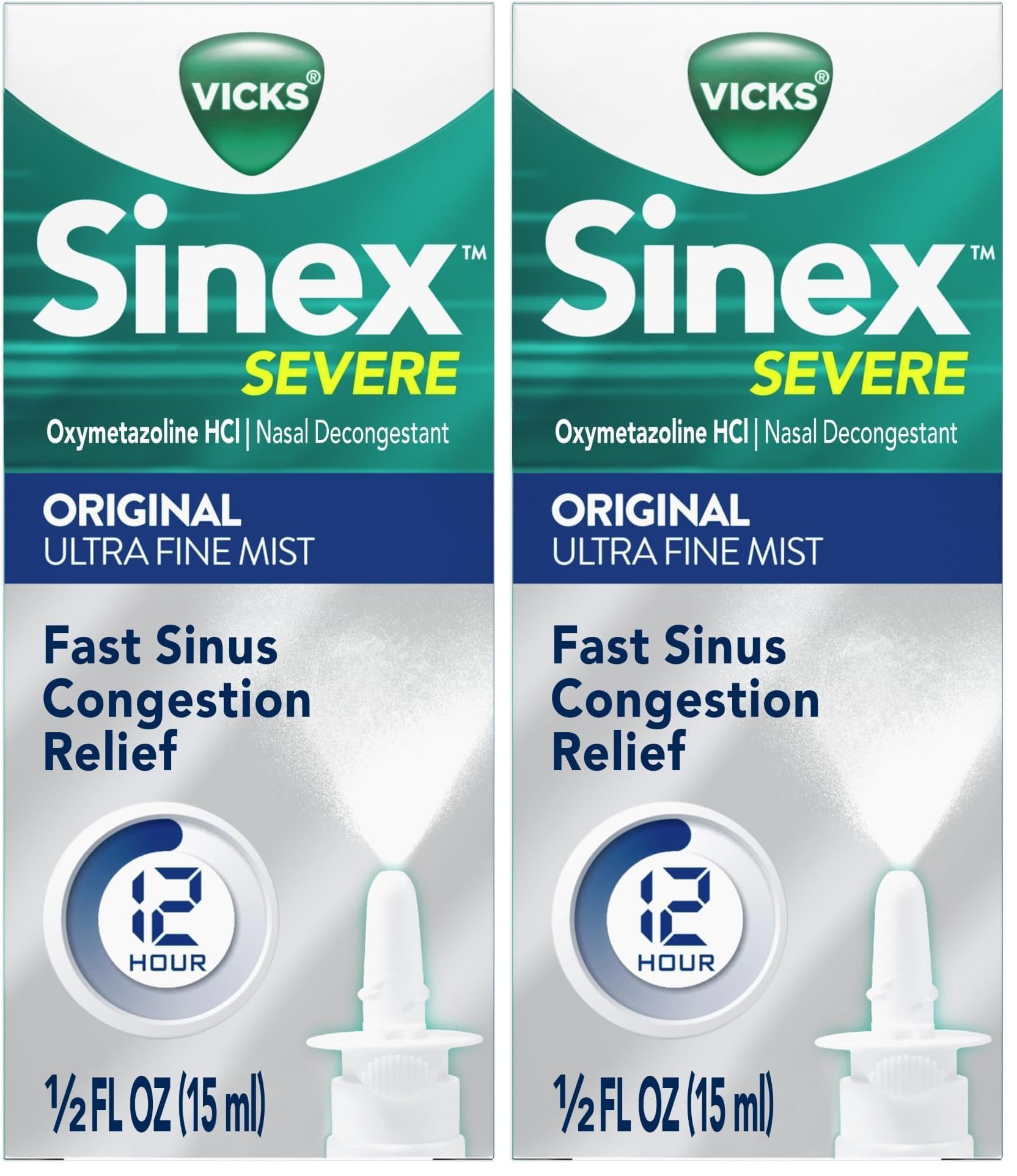 Vicks Sinex Severe Nasal Spray, Original Ultra Fine Mist, Decongestant Medicine, Relief from Stuffy Nose Due to Cold or Allergy, & Nasal Congestion, Sinus Pressure Relief, 265 Sprays (Pack of 2)