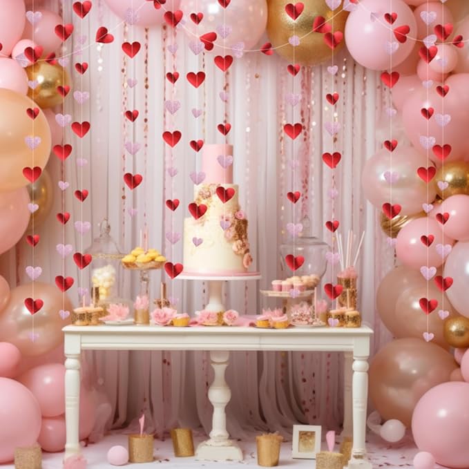 10 Pack 130ft Red, Glitter Pink Heart Party Garland Asymmetrical Love Hanging Banners for Birthday Wedding Decorations Mothers Day Bachelorette Bridal Shower Engagement