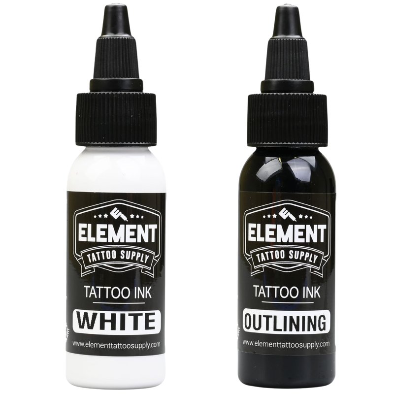 Element Tattoo Supply Tattoo Ink Set Black White Professional Solid Color for Human Skin Tattooing, Outlines, Shading, Blending, Mixing Color Supply for Artists 1oz Bottle