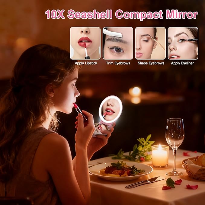 Compact Makeup Mirror with Lights - 3.5" Portable, 2-Sided, Lightweight & Shatterproof, Folding Magnifying Mirror 2X/10X, for Women