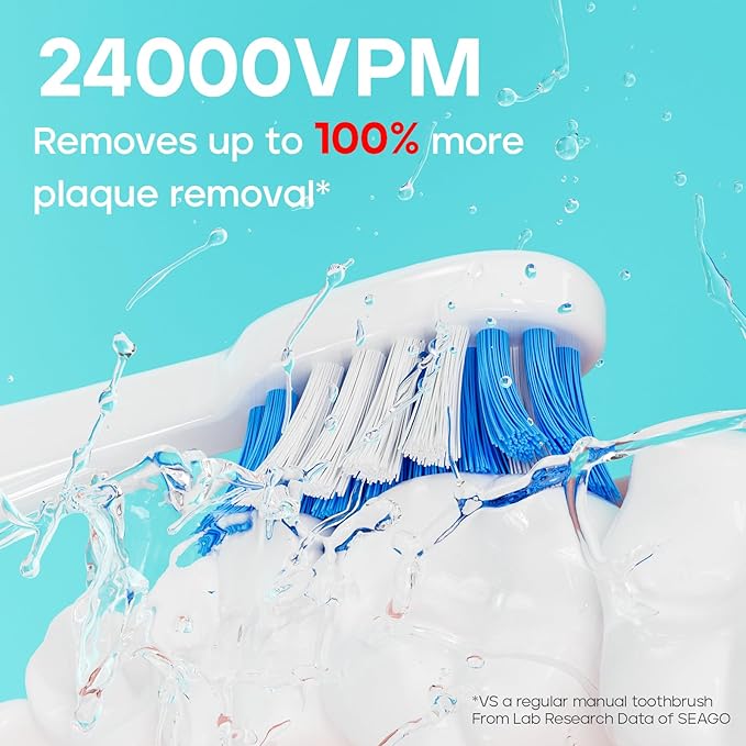 SEAGO SG-505 Travel Electric Toothbrush, Portable Toothbrush, 24,000 VPM, IPX7 Waterproof, 8 Brush Heads (Soft & Tilted Bristles), Battery Powered for Adults, On The Go (Thai Design, Made in Thailand)